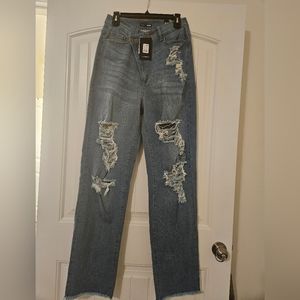 Brand New Fashion Nova cross over slouch jeans, size 13, medium blue wash